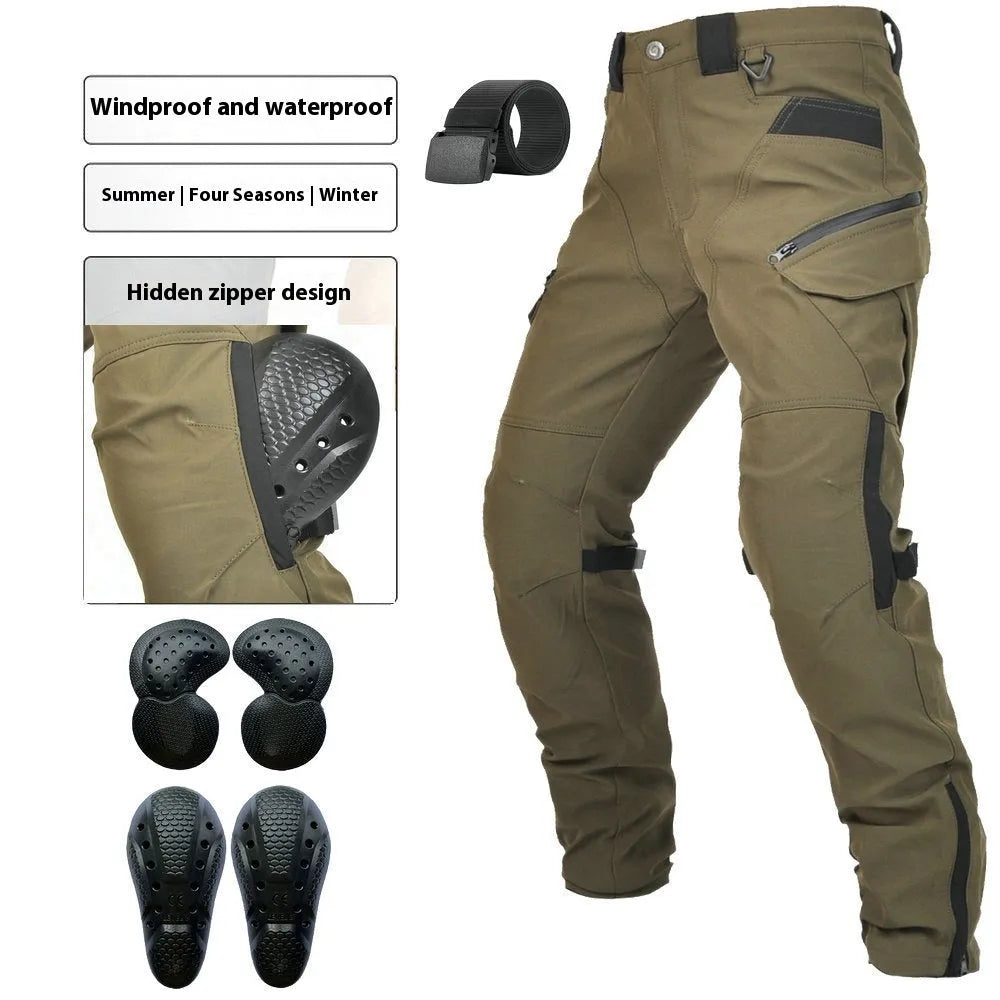 Motorcycle waterproof trousers with protective gear set in black or green colour options