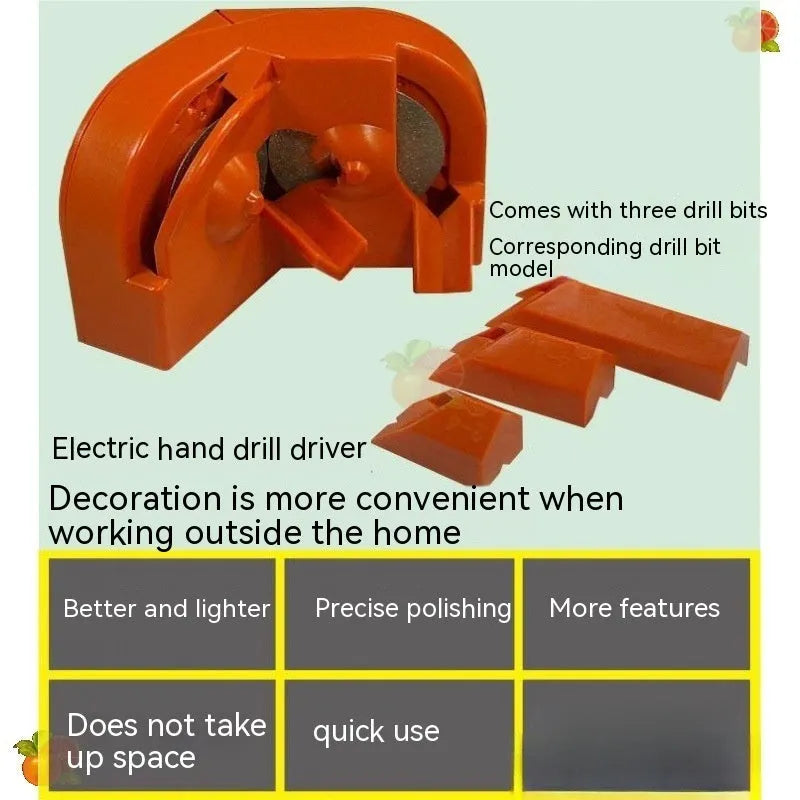 Universal portable grinding drill tool with orange and black replacement wheel sets for irregular sanding