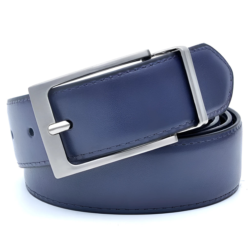 Men's brown and black genuine cowhide leather belt with rotating alloy pin buckle showing length measurement