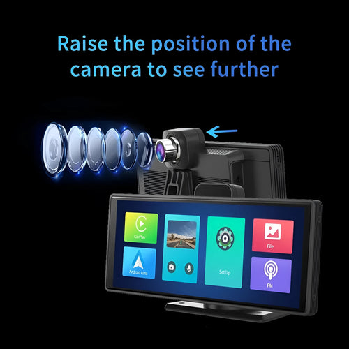 12-inch touch screen car dash cam unit with separate rear camera for front and rear recording.