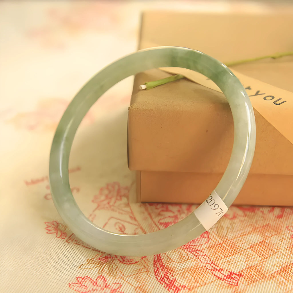 Green jade waxy Chinese bracelet with geometric beads in six wrist sizes from 53mm to 64mm