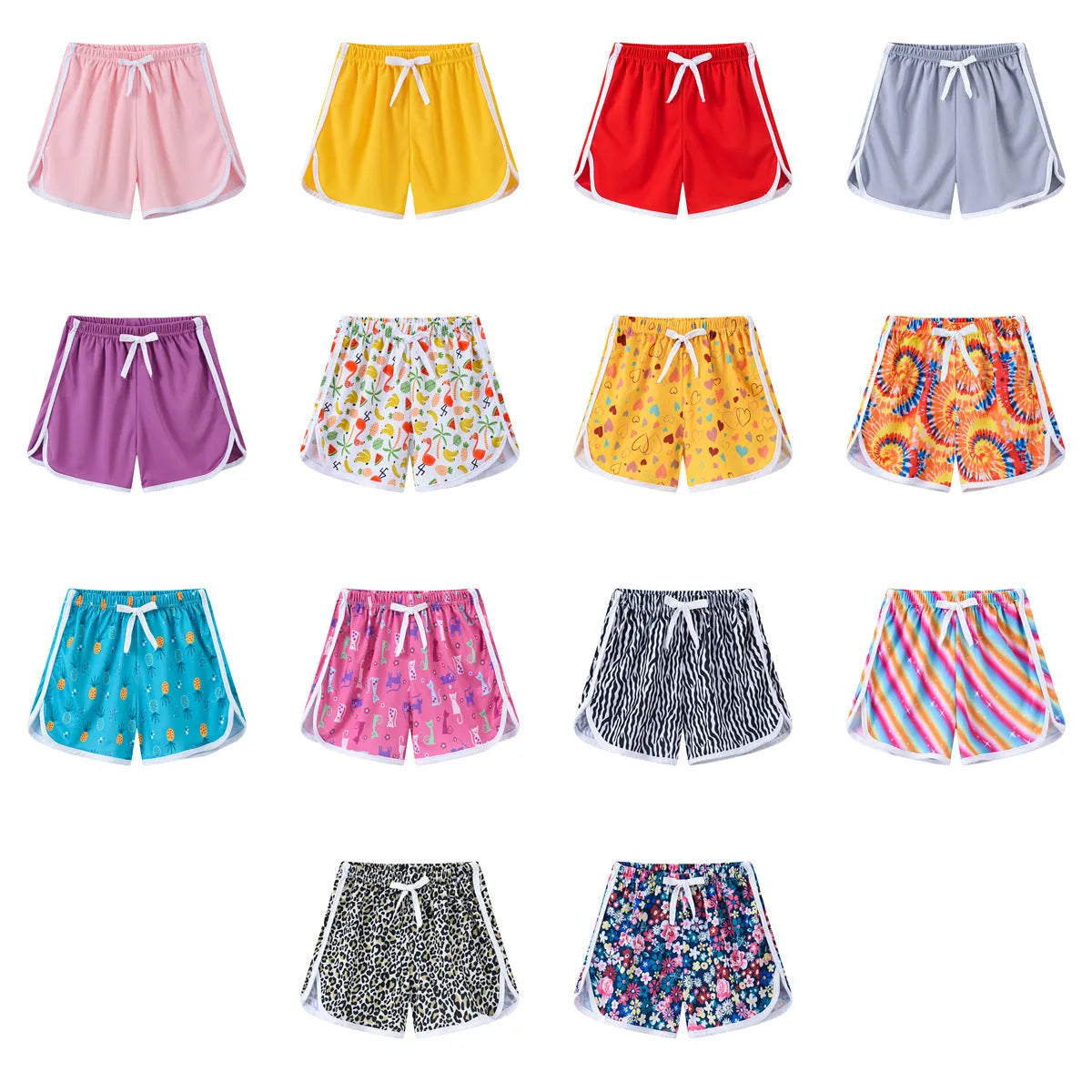 Children's colourful polyester beach shorts showing multiple pattern options with height-based size tags