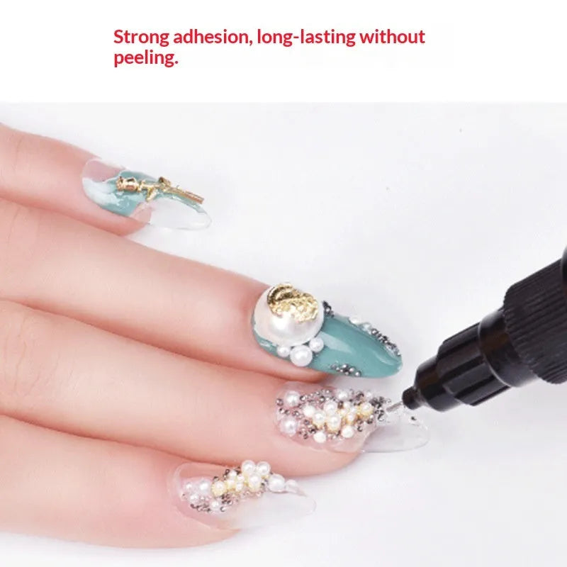 Black no-wash gem glue bottle with three long-handled dotting pens for nail art