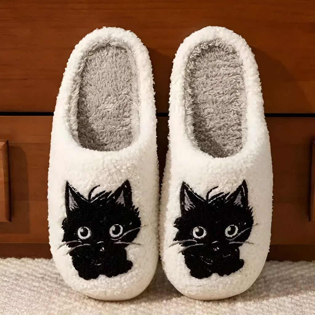 White cotton slippers with black beard cat cartoon pattern and plush upper
