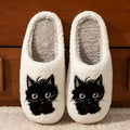 White cotton slippers with black beard cat cartoon pattern and plush upper