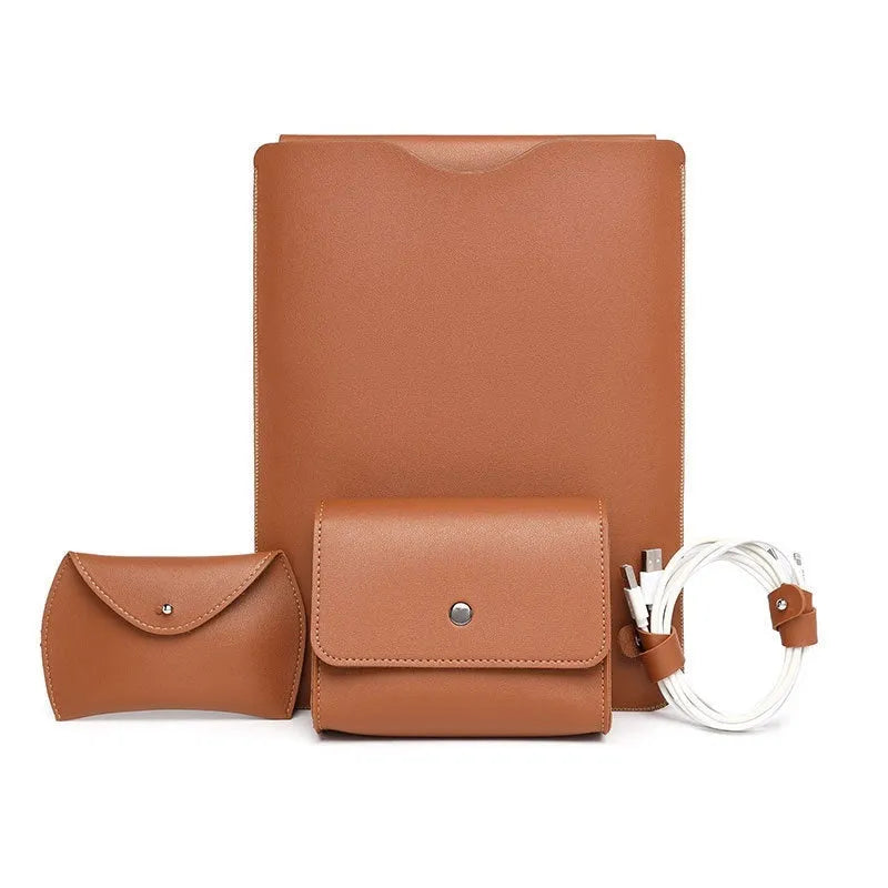 Four-piece imitation leather lock edge protective cover set for MacBook laptops in brown, grey, apricot, and light pink colours