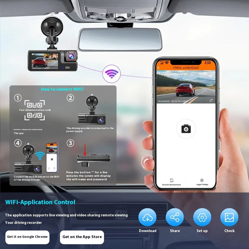 WiFi driving recorder with 2.0-inch screen and reversing camera for car front and rear monitoring