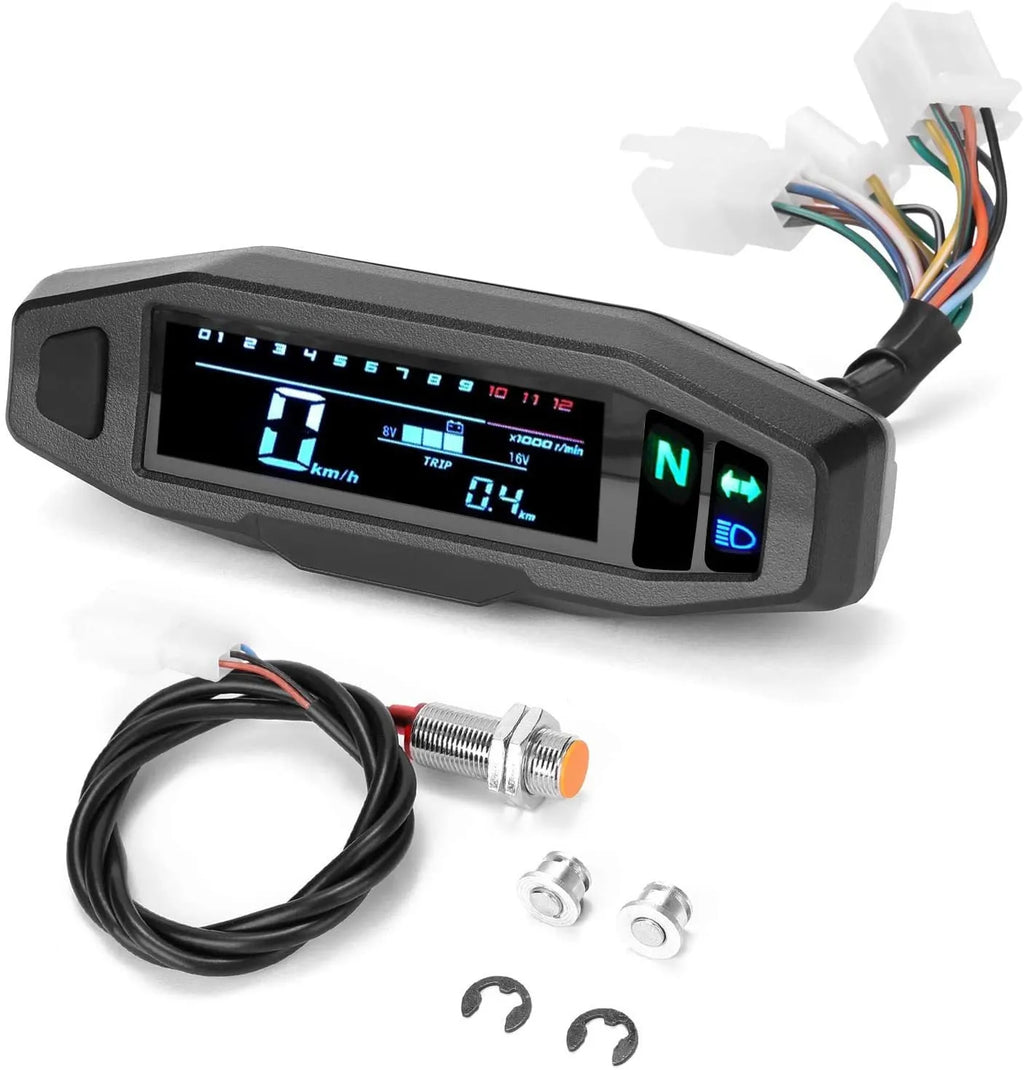 Black motorcycle mini LCD speedometer with backlit display showing digital readouts