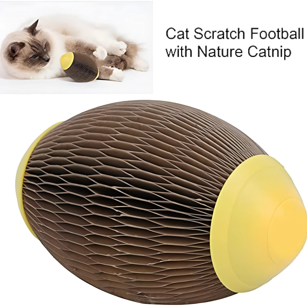 Ellipse-shaped grey corrugated cardboard catnip football toy with a scratch surface.