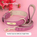 Mohair leather double-layer dog collar and matching lead in blue, shown on a size chart for S, M, L, and XL.