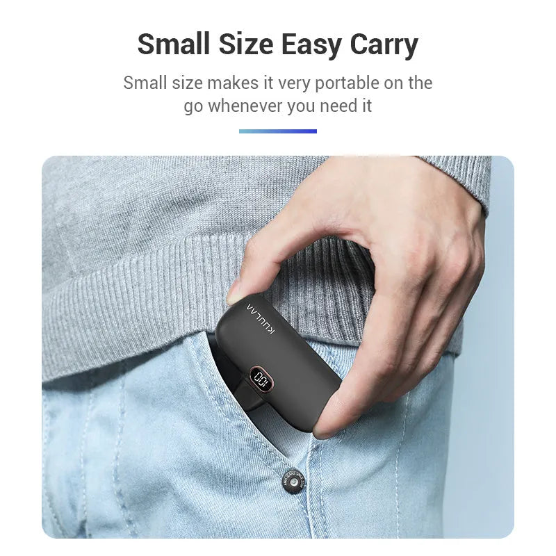 Cylindrical capsule power bank with built-in charging cable in black, white, or purple.