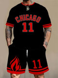 Man wearing a men's short sleeve top and shorts set with a 3D printed letter design, in a sportswear setting.
