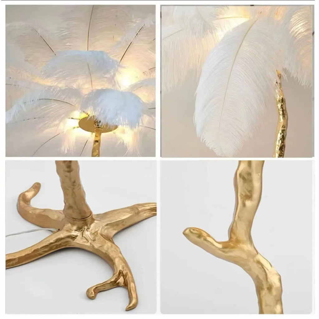 Decorative resin feather floor lamp with 32 feathers in white, pink, or dark green colours