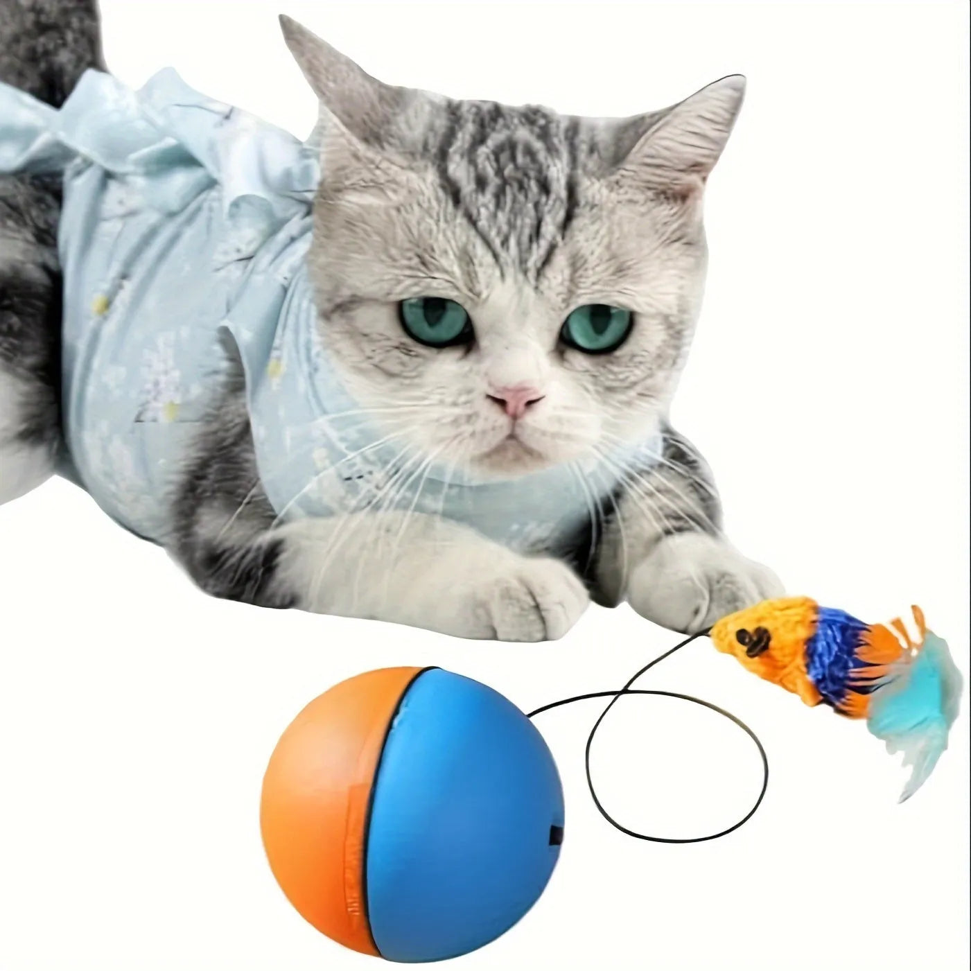Blue and orange interactive cat toy ball with plush mouse design measuring 8.5cm diameter