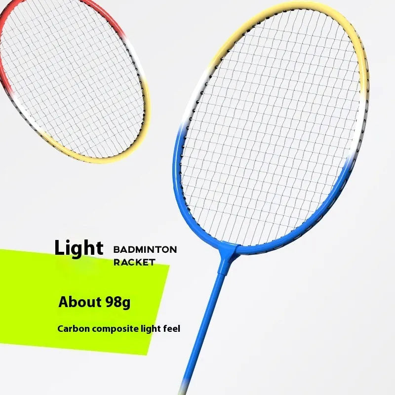 A pair of blue and red ultra-light alloy split badminton rackets laid out side by side.