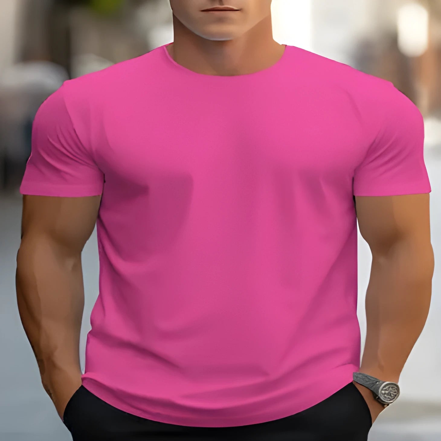Men's printed polyester t-shirt with round neck and short sleeves in loose fit design