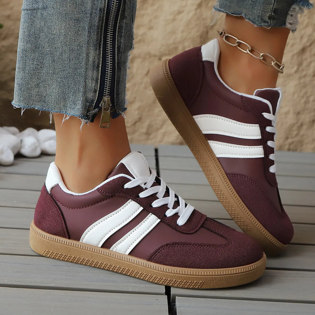 Women's casual all-matching sneakers in khaki with round head flat heel artificial PU upper