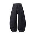 Men's wide leg denim trousers in original cow colour showing mid-waist design and cotton denim fabric