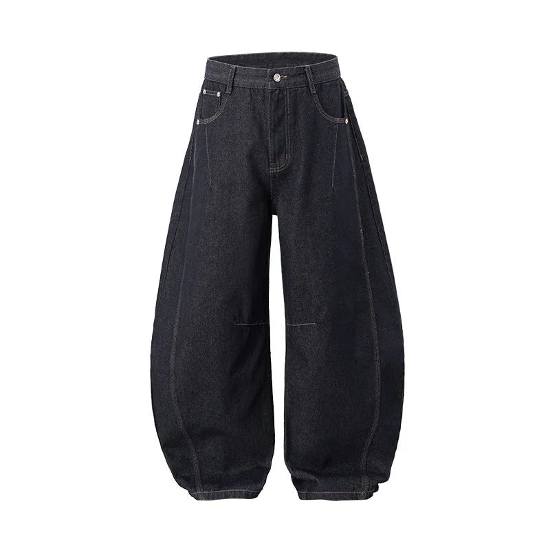 Men's wide leg denim trousers in original cow colour showing mid-waist design and cotton denim fabric