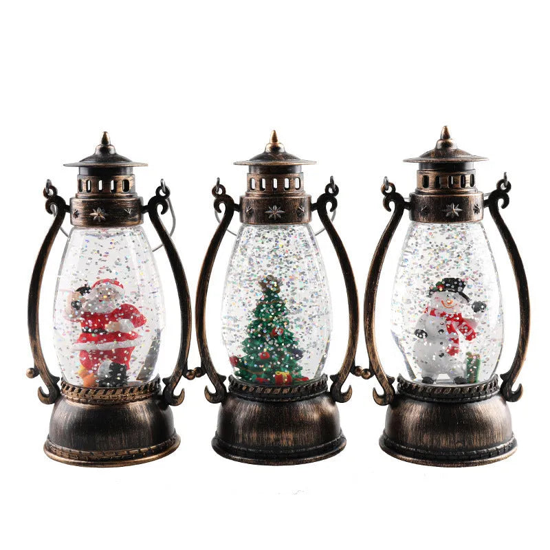 Plastic crystal ball oil lamp with LED light showing snowman and elderly figure Christmas decoration options