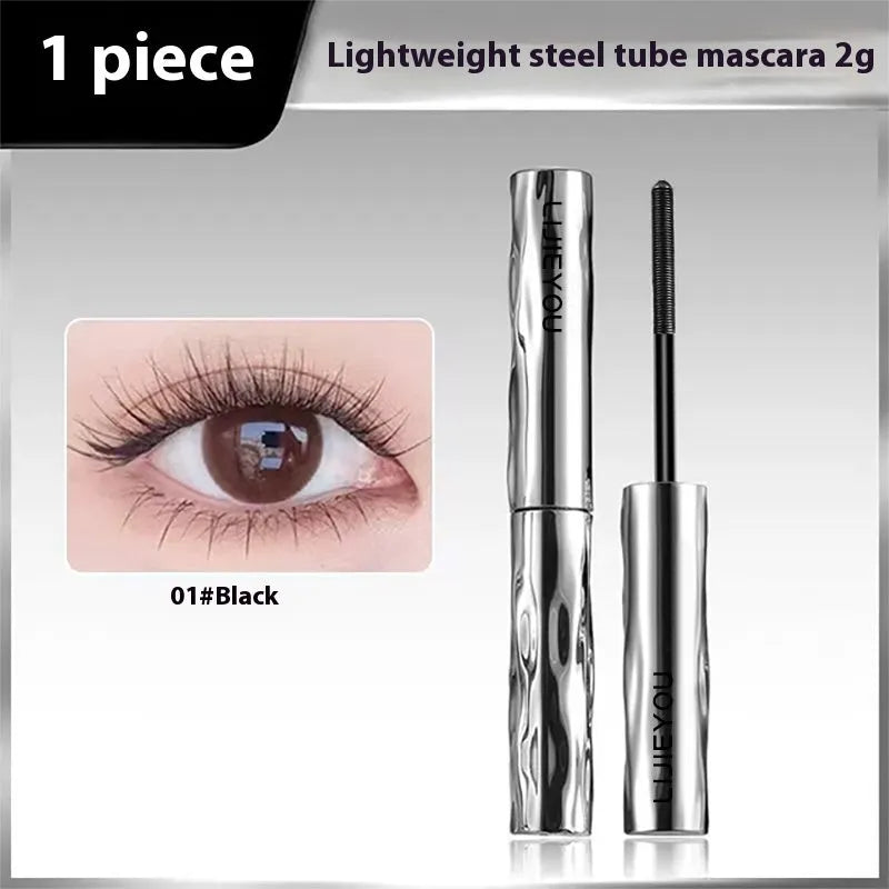 Waterproof mascara in black and brown steel tubes with optional eyelash curler