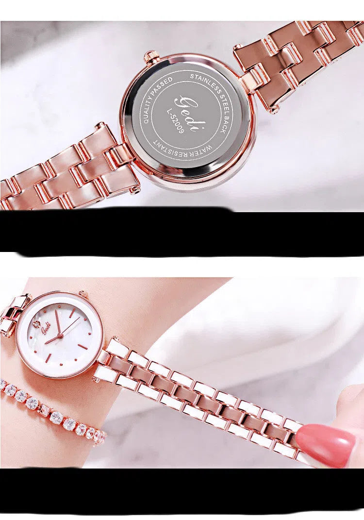 Ladies quartz watch with white dial, rose gold tone, 30mm round alloy case, and steel strap
