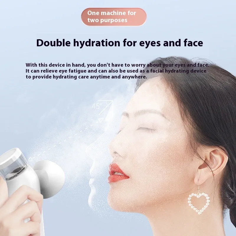 White rechargeable eye massager device with warm compress and atomisation cleaning functions, shown with included eye mask.