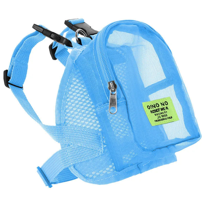 Blue breathable mesh dog backpack for small pets with adjustable shoulder straps.