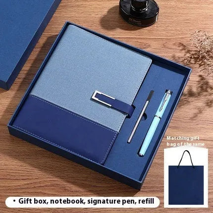 A5 business notebook with PU leather cover in brown, black, green, blue, or red, alongside a luxury gift box.