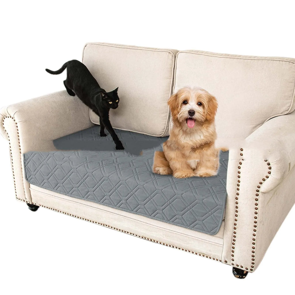 Reversible waterproof dog sofa cushion in dark grey and light grey, shown on a sofa.