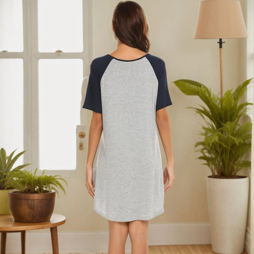 Women's double brushed milk silk nightdress with colour contrast patchwork sleeves in European American style