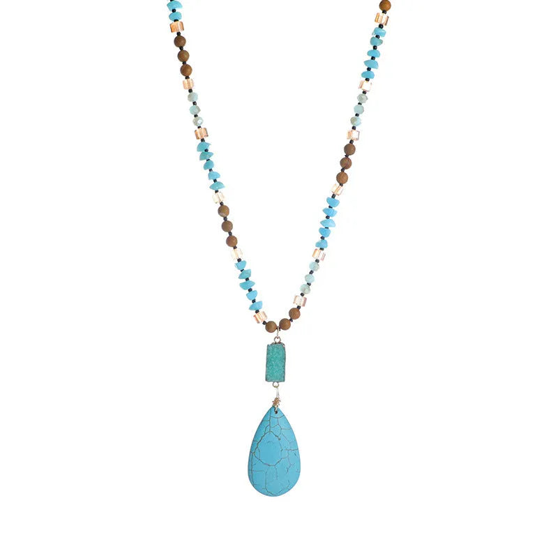 Turquoise water drop pendant necklace with mixed gemstone inlay on 81cm ball bead chain