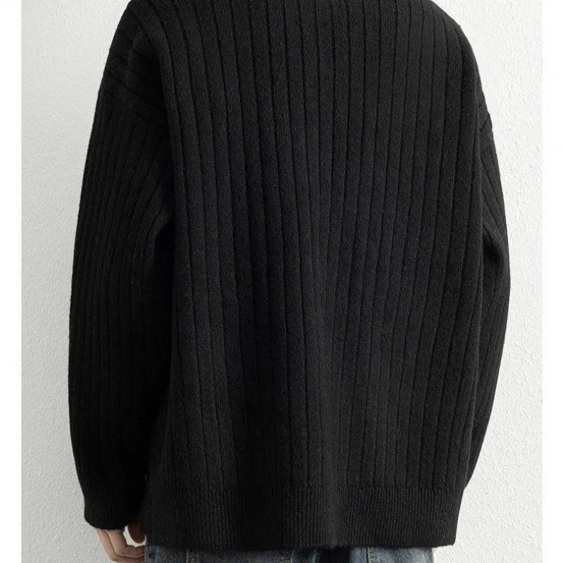 Men's grey loose half zip sweater with textured knit and long sleeves