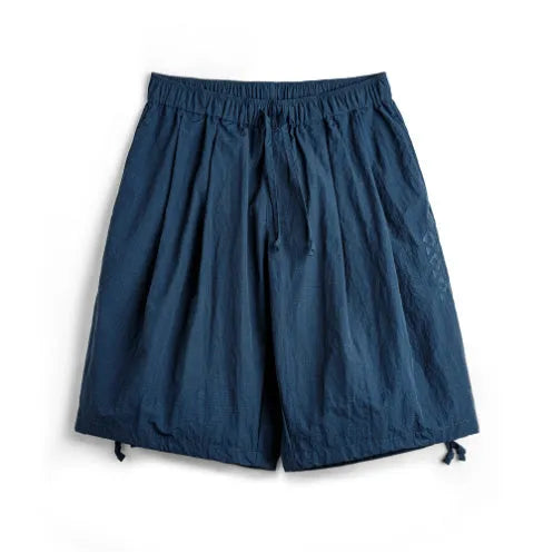 Men's Prussian Blue nylon beach shorts with embroidery and loose fit design