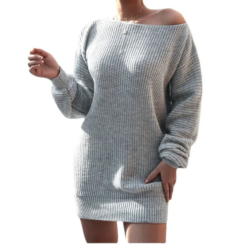 Women's off-the-shoulder knitted sweater dress with full lantern sleeves in a solid colour.