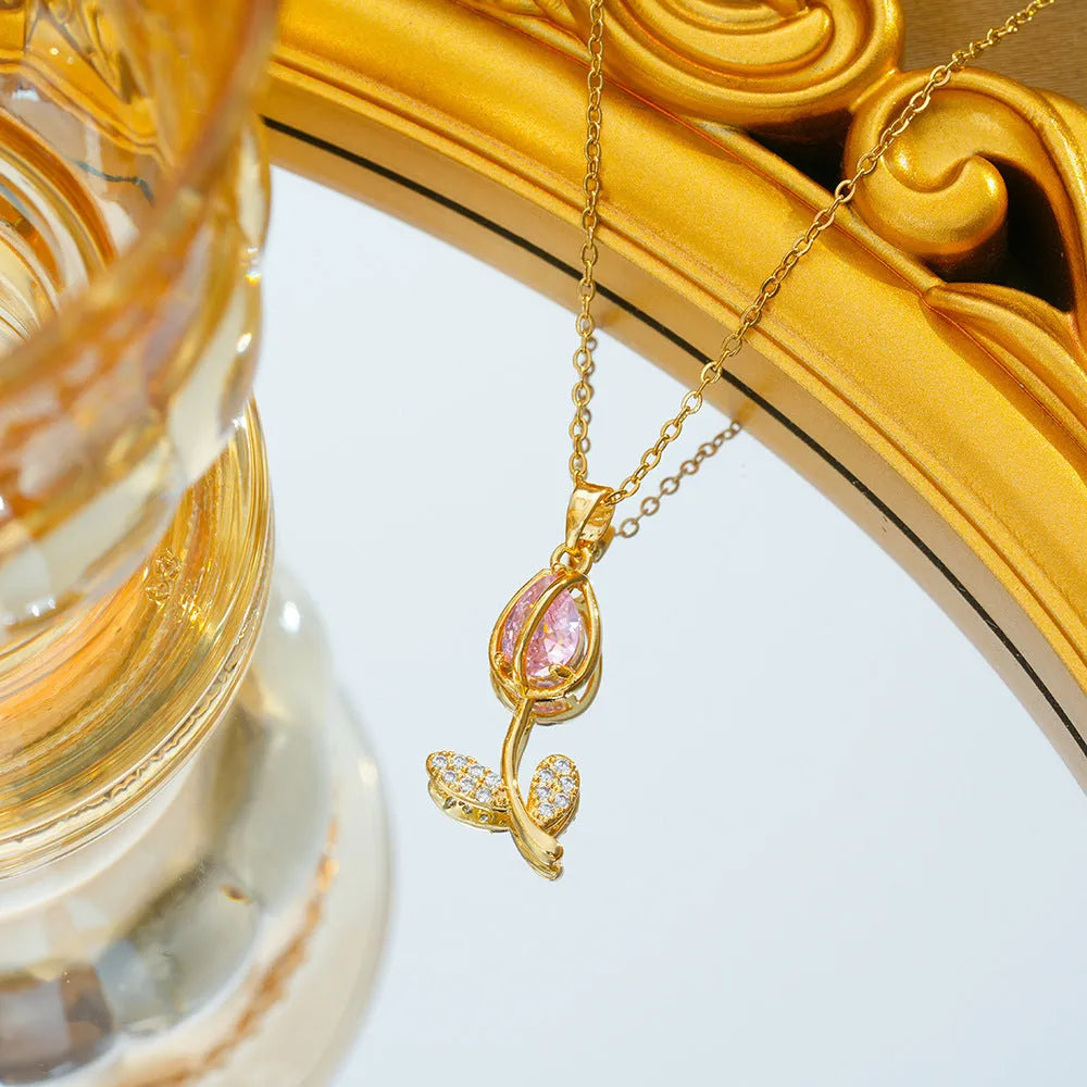 Women's zircon tulip necklace with gold finish and adjustable chain in five colour options