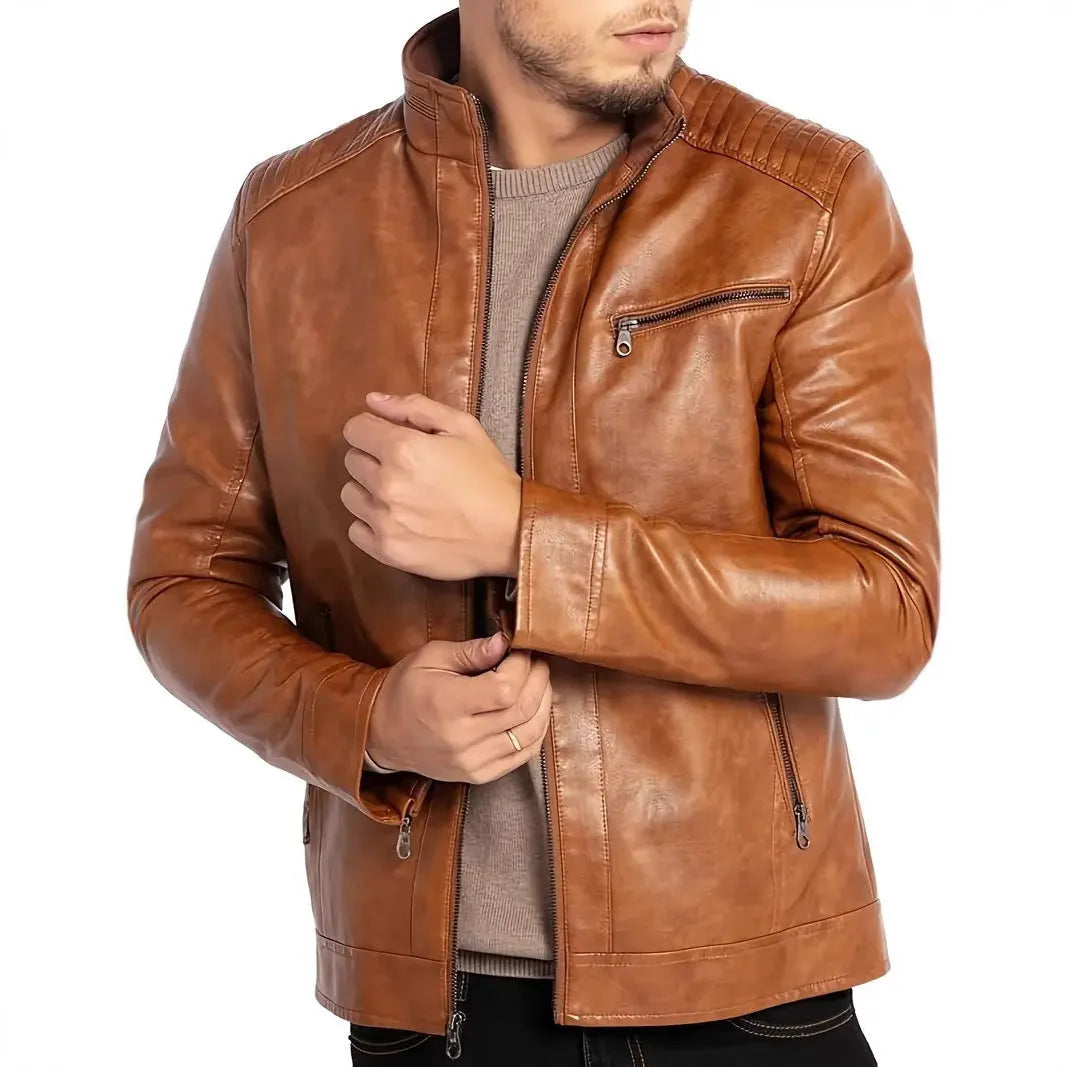 Men's brown artificial leather punk motorcycle jacket with a stand collar.