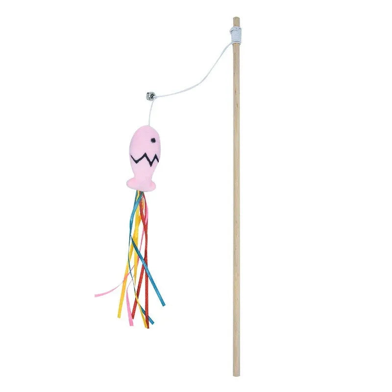 Cat wand toy with wooden handle, colourful ribbons, catnip fish, and bell attachment