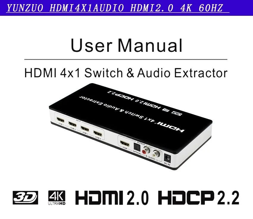 Black HDMI audio extractor switch with 4 input ports and remote control for home entertainment systems