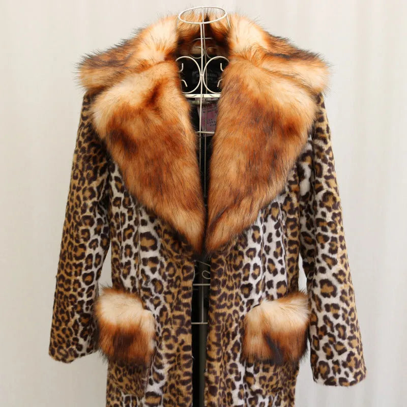 Women's long leopard print faux fur jacket with regular sleeves, shown in a casual setting.