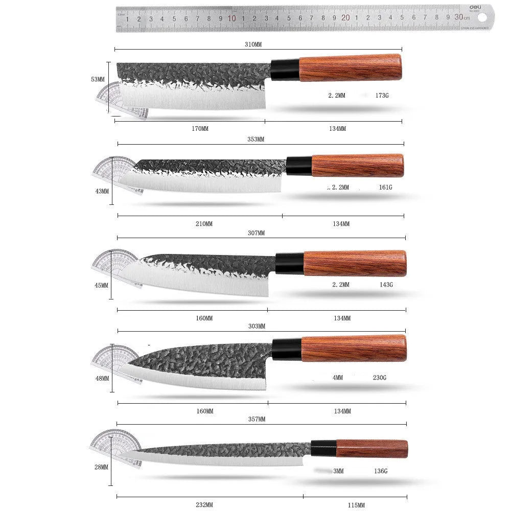 Handmade hammered forged stainless steel santoku chef knife with gift box packaging on a kitchen surface