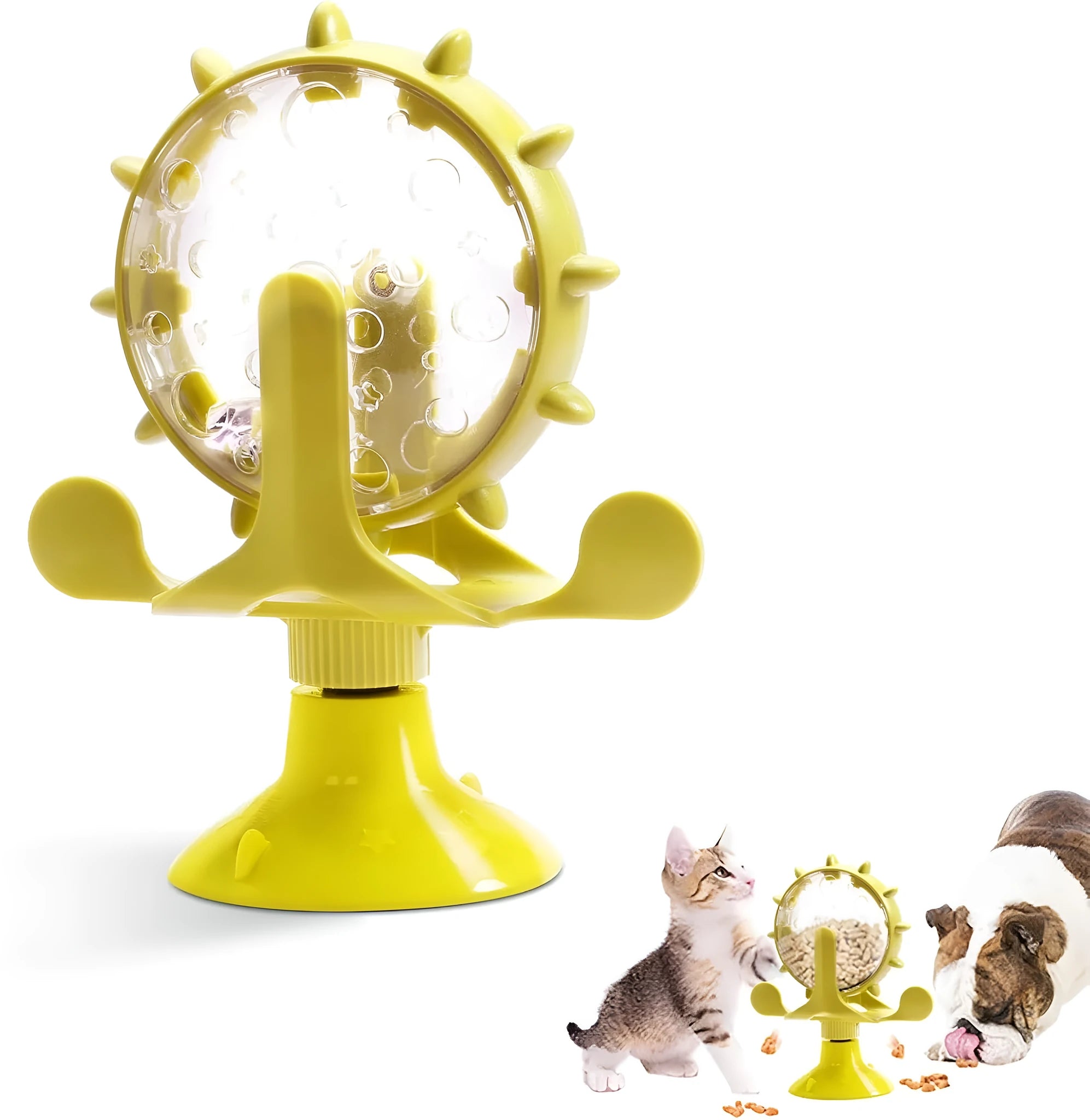 Interactive rotating pet slow feeder toy with sucker base in blue, green, red or yellow colour