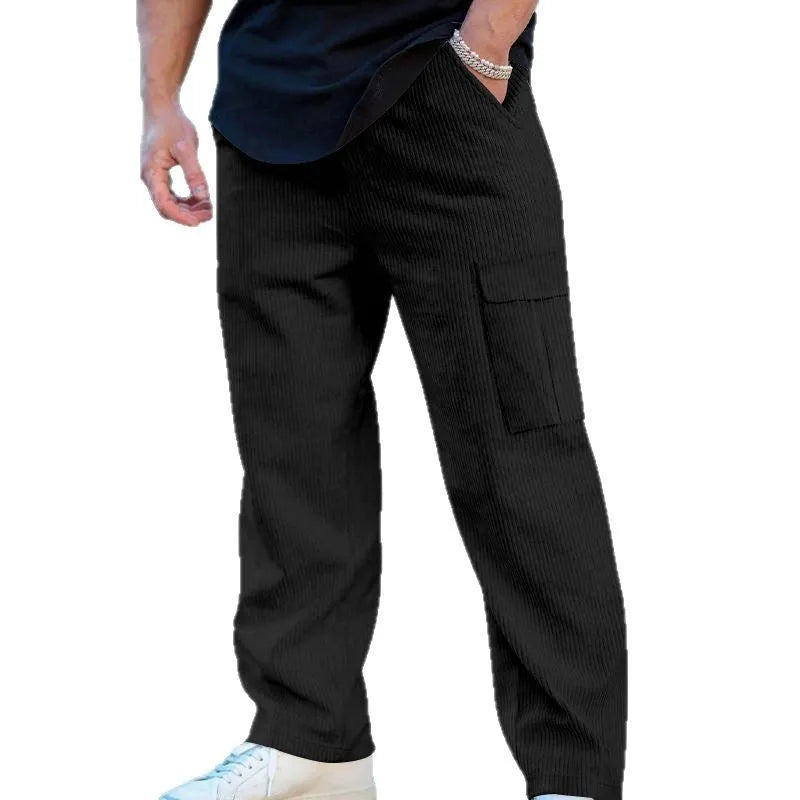 Men's corduroy cargo trousers with elastic waistband in straight-leg wide-leg design