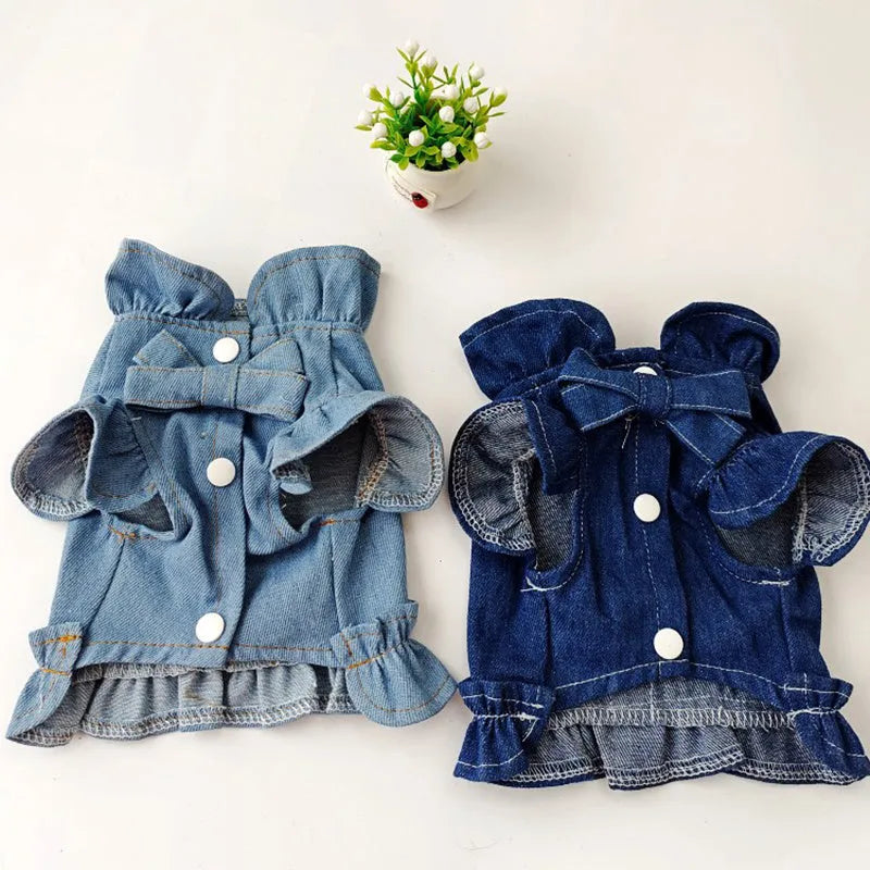 Blue denim pet dress with ruffles vest styling and back leash hook for dogs and cats