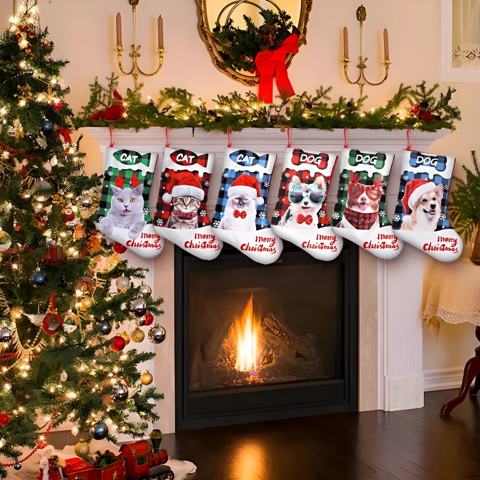American-style Christmas decoration cloth with puppy and cat plaid designs measuring 26x36cm