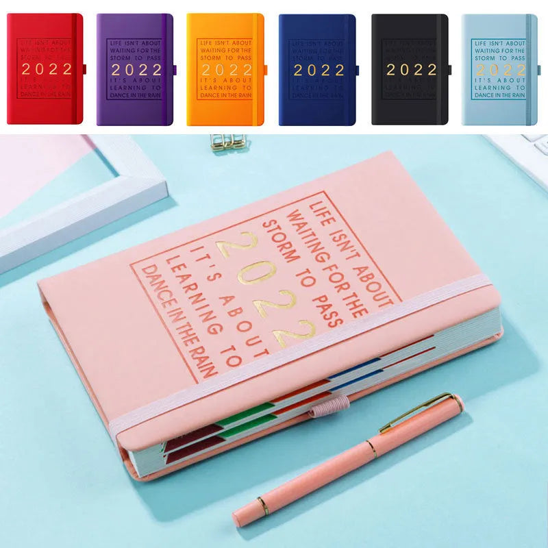 Imitation leather A5 notebook with French fold binding in red, purple, black, pink, sky blue, dark blue, and orange colour options