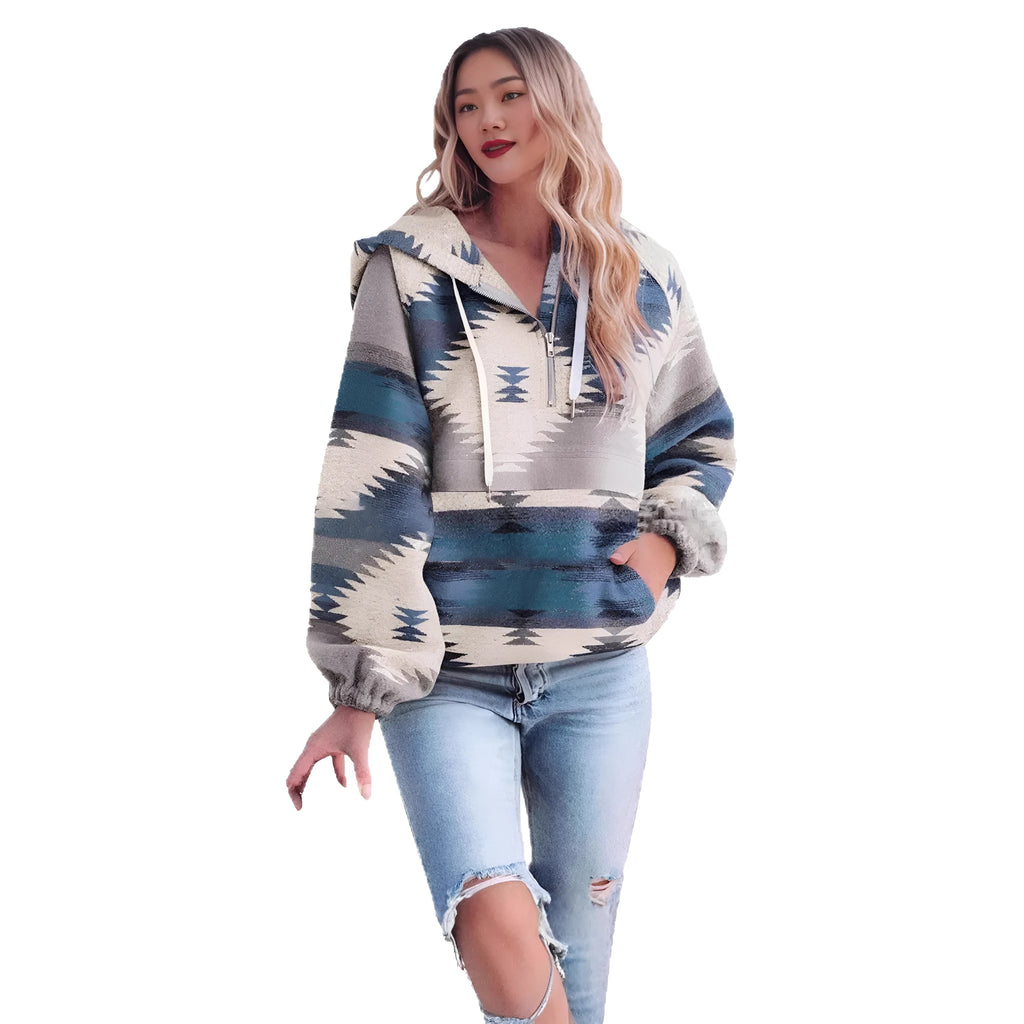 Women's retro fashion half-zip long sleeve sweatshirt with digital print, loose fit pullover in polyester, colour M2590801