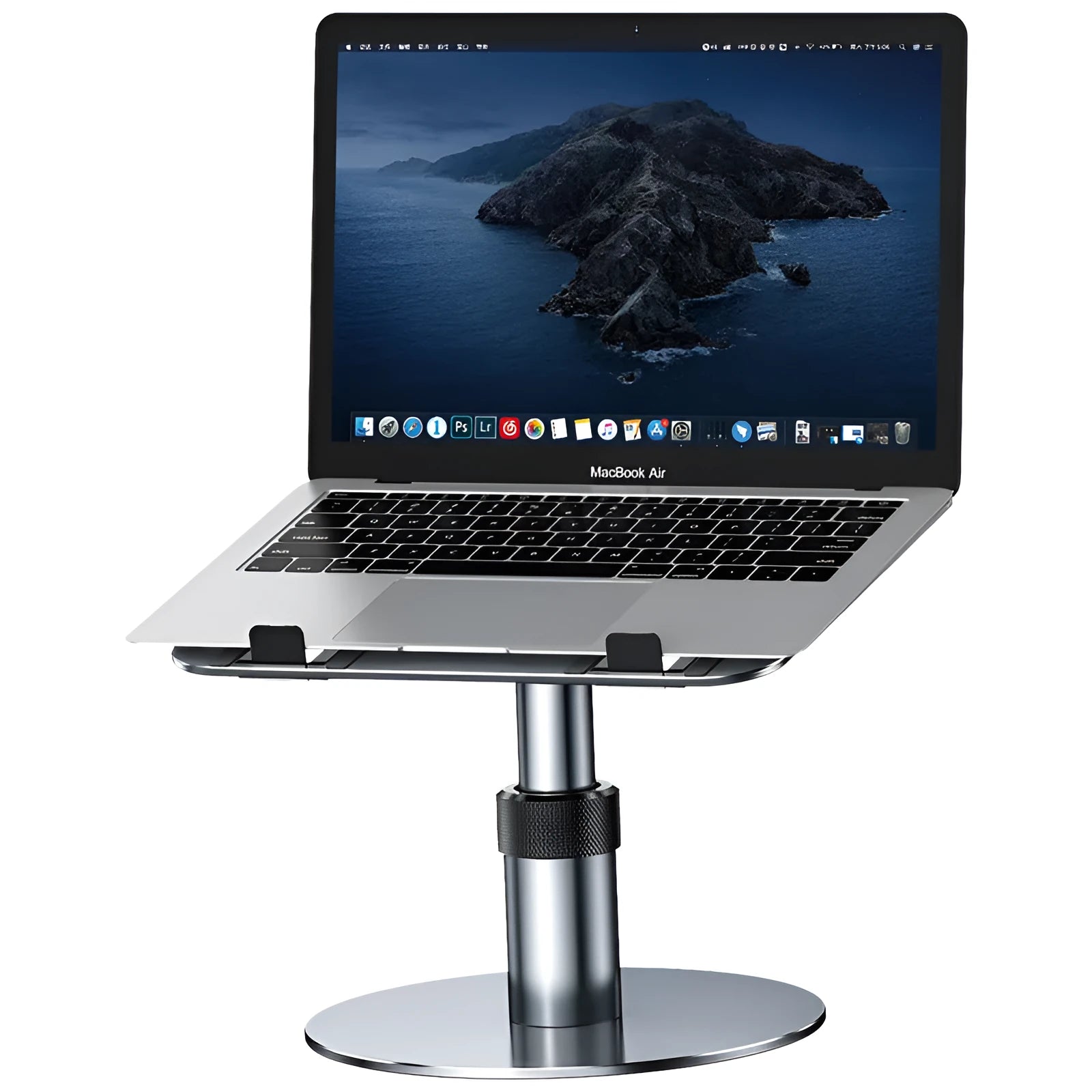Silver aluminium laptop stand with height adjustment and rotating base for car use