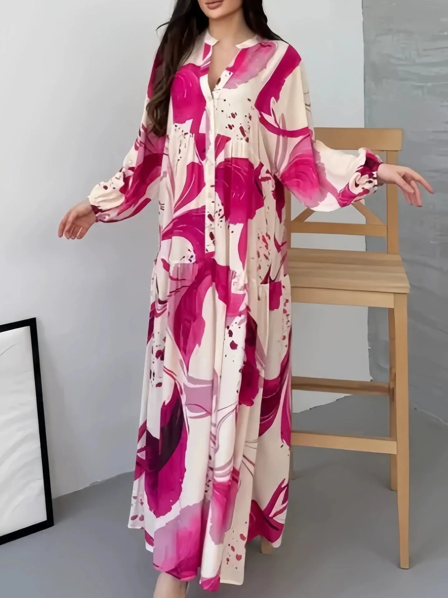 Loose V-neck dress with long sleeves and oversized swing skirt in Rose Red colour