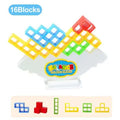 Plastic balance stacking game with coloured blocks on chassis for family play